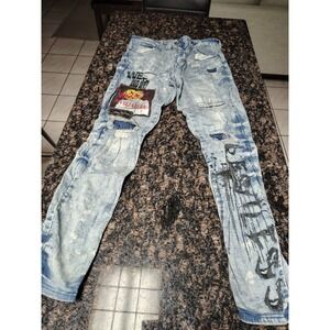 Team Savage Distressed Light Wash Graphic Patch Streetwear Jeans Mens Slim 32x32
